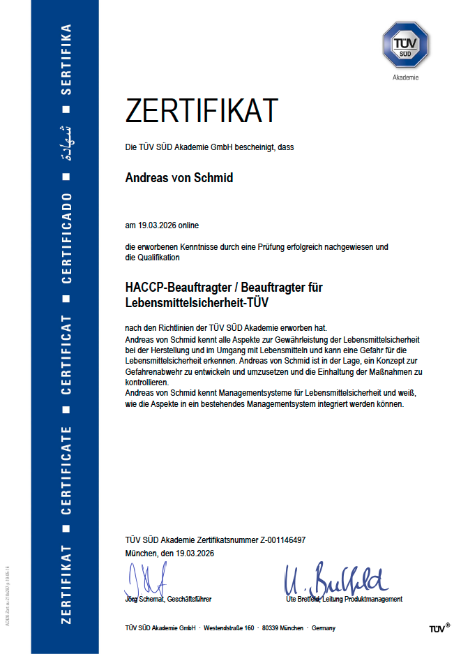 HACCP-Beauftragter / Beauftragter für Lebensmittelsicherheit-TÜV